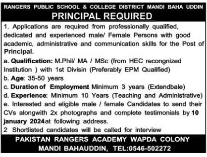 Principal Required At Rangers Public School And College 